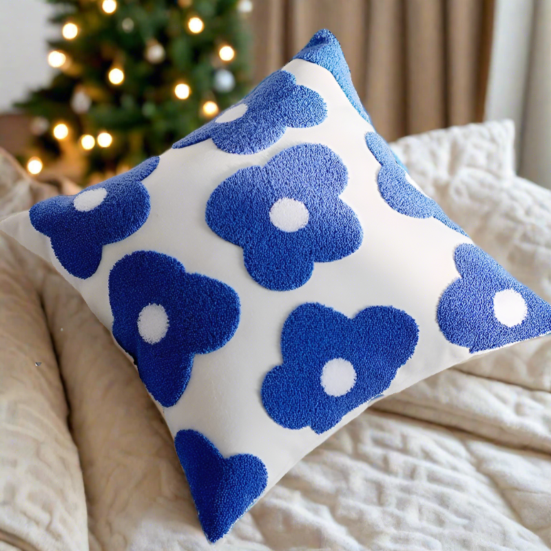 Embroidery Blue Nordic Flower Throw Pillow Cover