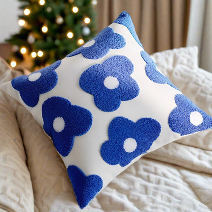 Embroidery Blue Nordic Flower Throw Pillow Cover