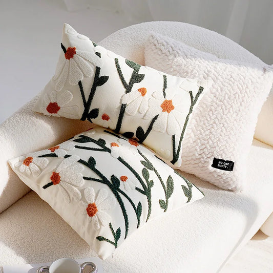 Embroidery White Daisy Flower Throw Pillow Covers