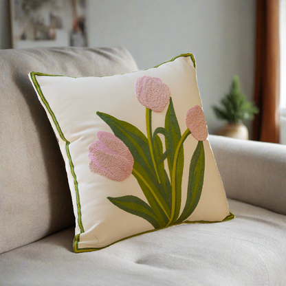 Embroidery Tulip Floral Throw Pillow Cover