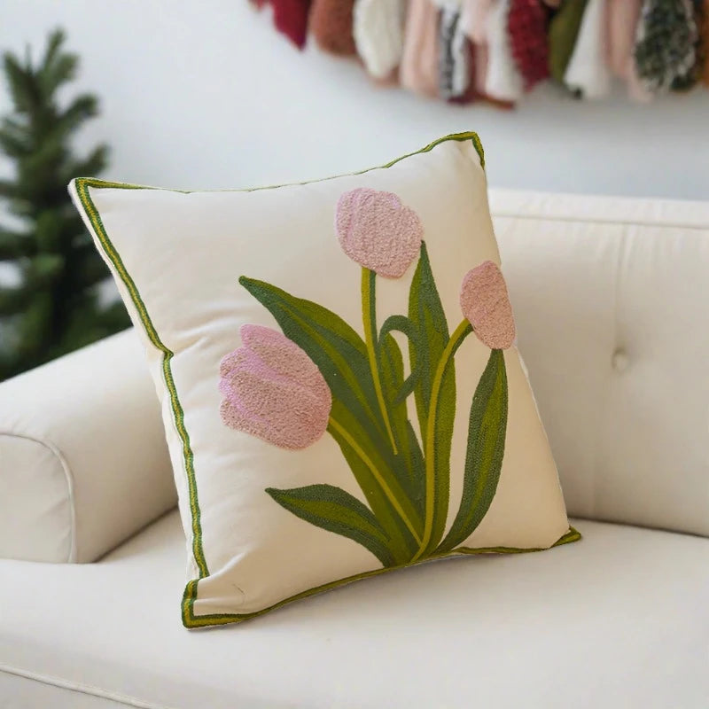 Embroidery Tulip Floral Throw Pillow Cover