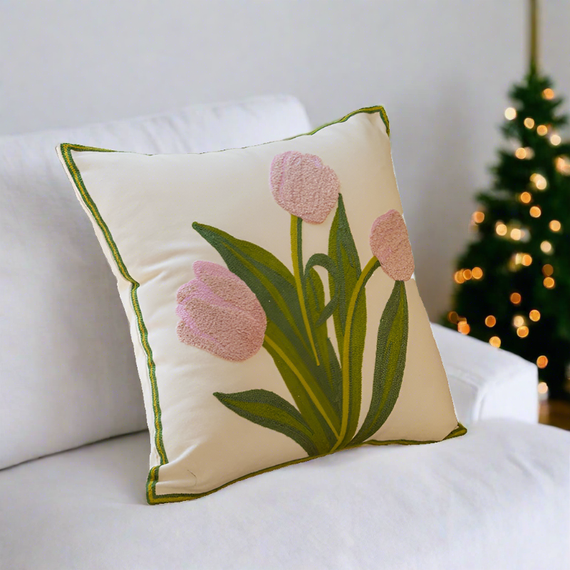 Embroidery Tulip Floral Throw Pillow Cover