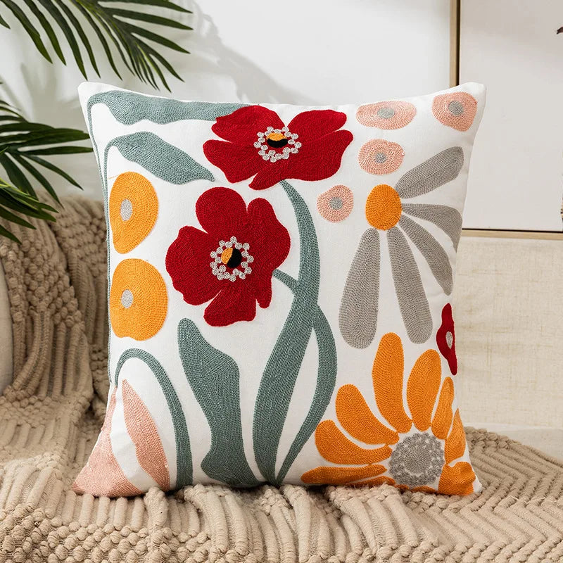 Yellow Vase Embroidery Flower Throw Pillow Cover