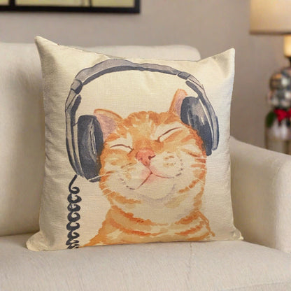 Lovely Ginger Cat With Headphone Throw Pillow Cover
