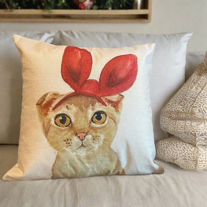 Lovely Orange Cat With Red Bunny Ear Pillow Cover