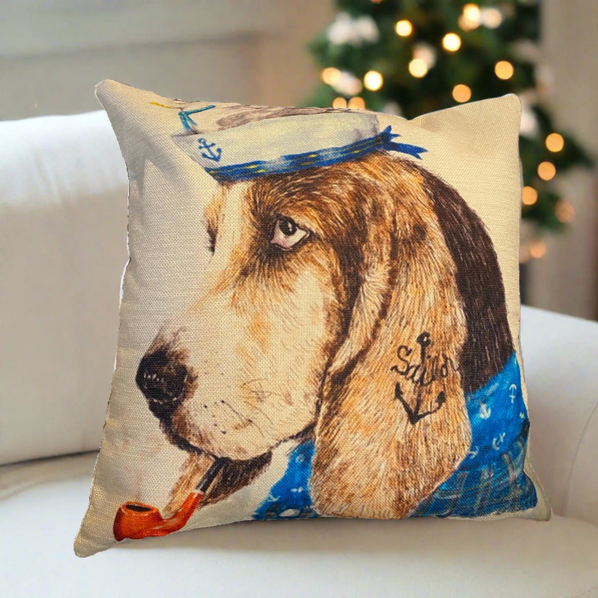 Basset Hound Sailor with Pipe and Blue Shirt Pillowcase | Hush Puppies Pillows