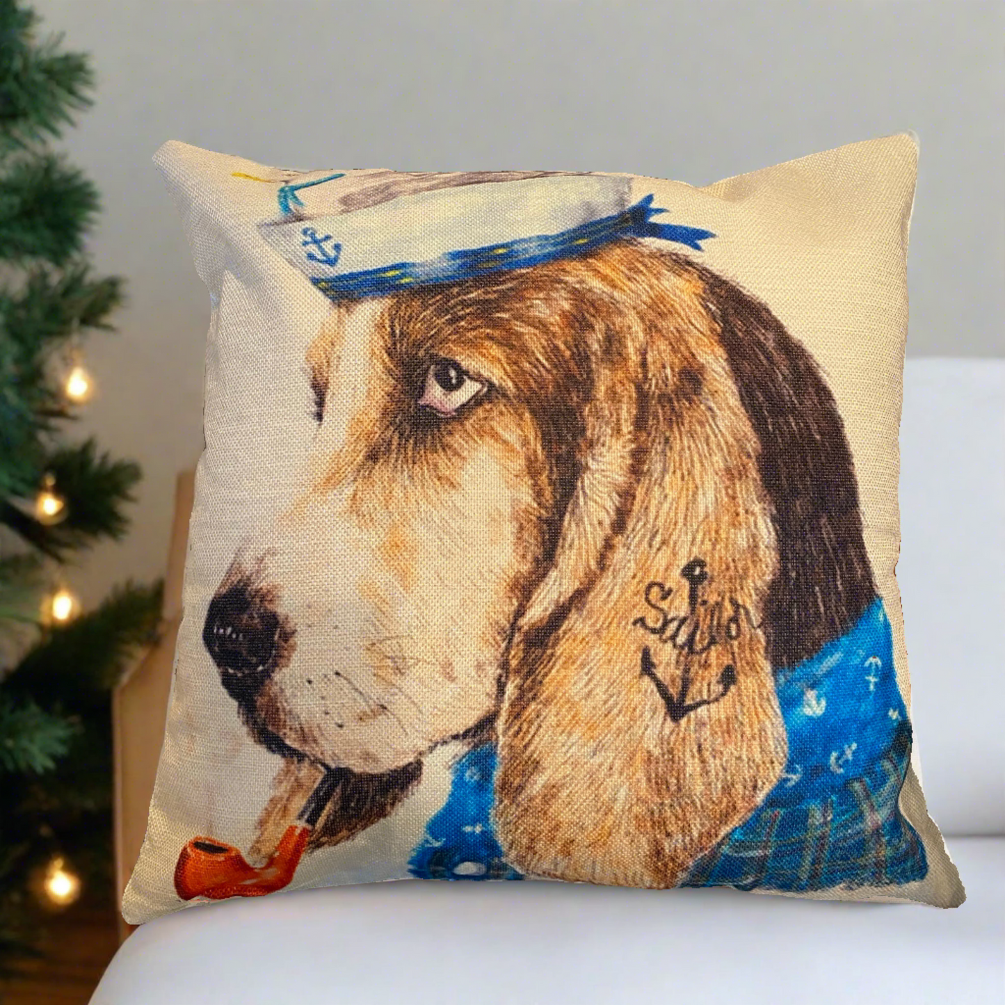Basset Hound Sailor with Pipe and Blue Shirt Pillowcase | Hush Puppies Pillows