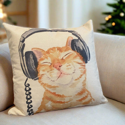 Lovely Ginger Cat With Headphone Pillow Cover