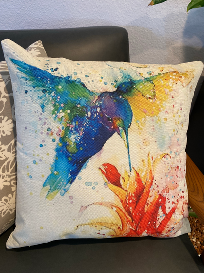 Oil Painting Blue Humming Birds With Flowers Throw Pillow Cover