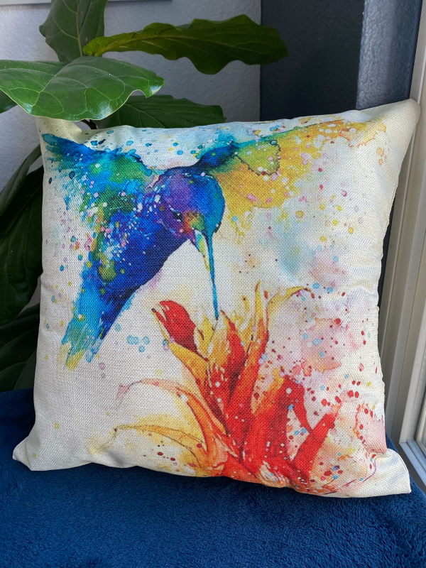 Oil Painting Blue Humming Birds With Flowers Throw Pillow Cover