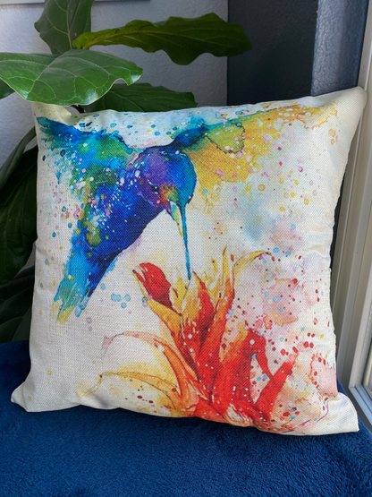 Oil Painting Blue Humming Birds With Flowers Throw Pillow Cover