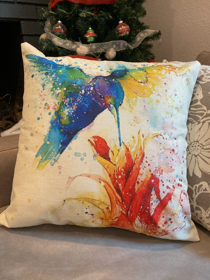 Oil Painting Blue Humming Birds With Flowers Throw Pillow Cover