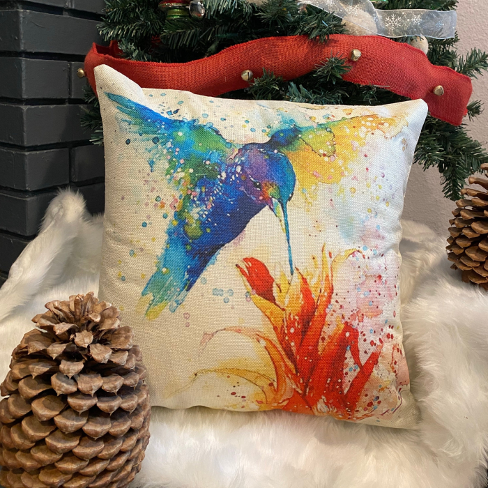 Oil Painting Blue Humming Birds With Flowers Throw Pillow Cover