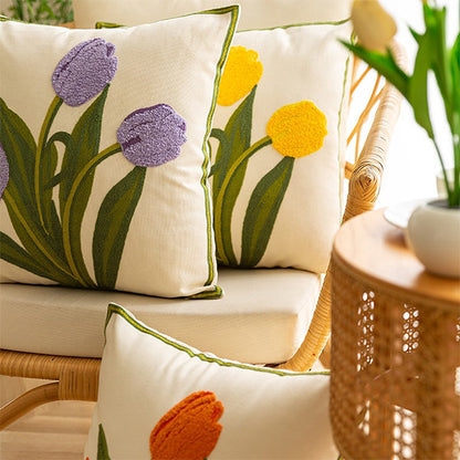 Embroidery Tulip Floral Throw Pillow Cover