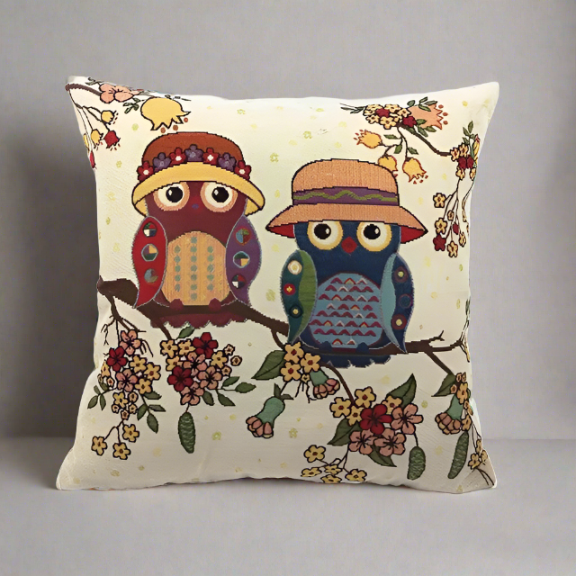 Vintage Graphic Two Owls On Branch With Flowers Pillow Cover