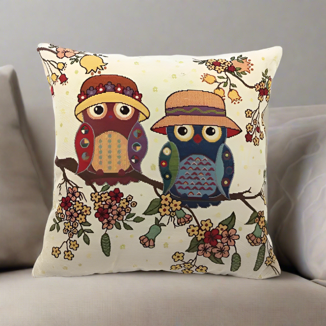 Vintage Graphic Two Owls On Branch With Flowers Pillow Cover