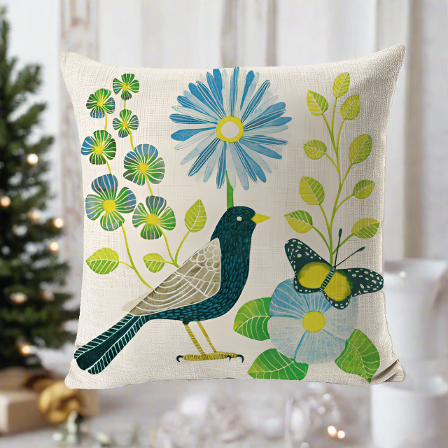 Green Bird With Green Leaves and Blue Flowers Pillowcase Pillow Cover