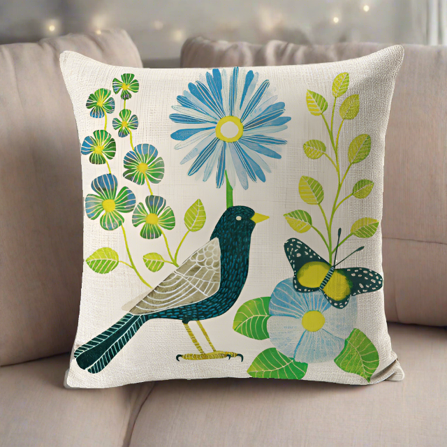 Green Bird With Green Leaves and Blue Flowers Pillowcase Pillow Cover