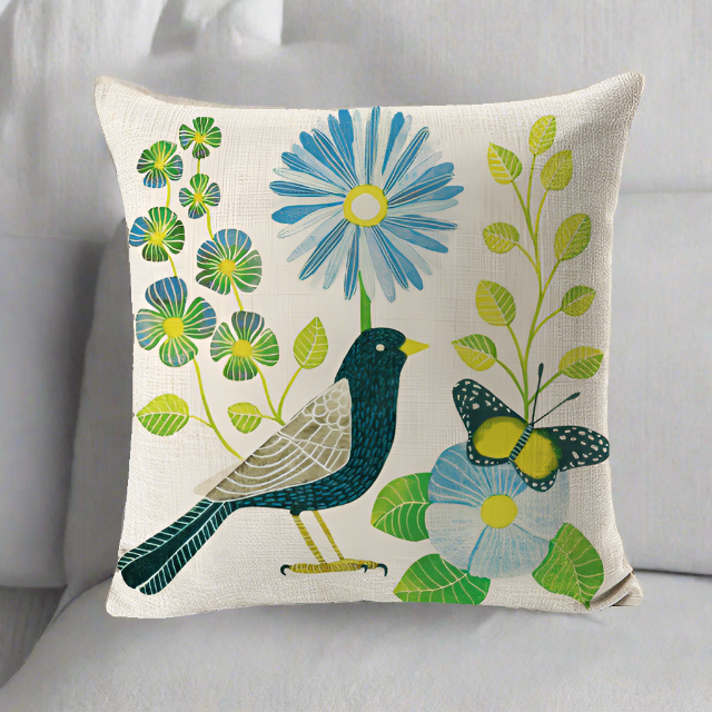 Green Bird With Green Leaves and Blue Flowers Pillowcase Pillow Cover