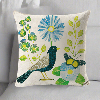 Green Bird With Green Leaves and Blue Flowers Pillowcase Pillow Cover