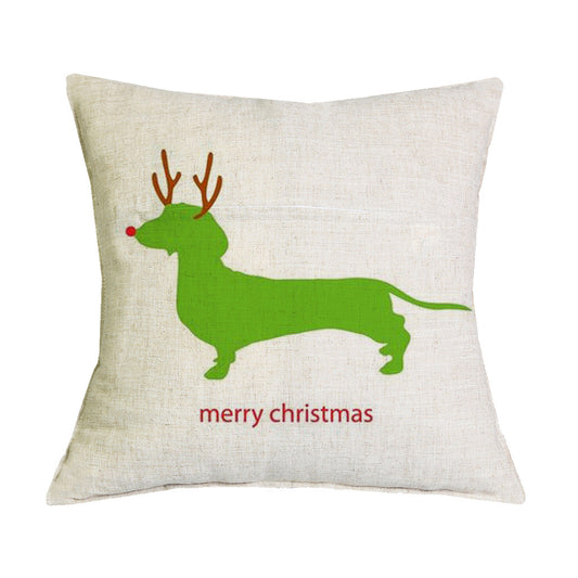 Christmas Reindeer Dachshund Wiener Dog - Green Pillow Cover | Wiener Dog Pillow