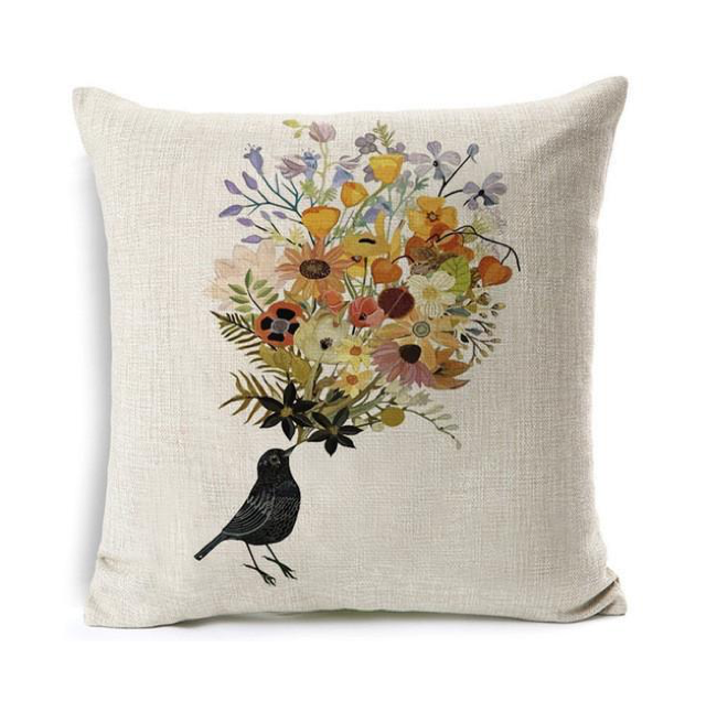 Black Bird with Flowers Pillowcase | Throw Pillow Cover
