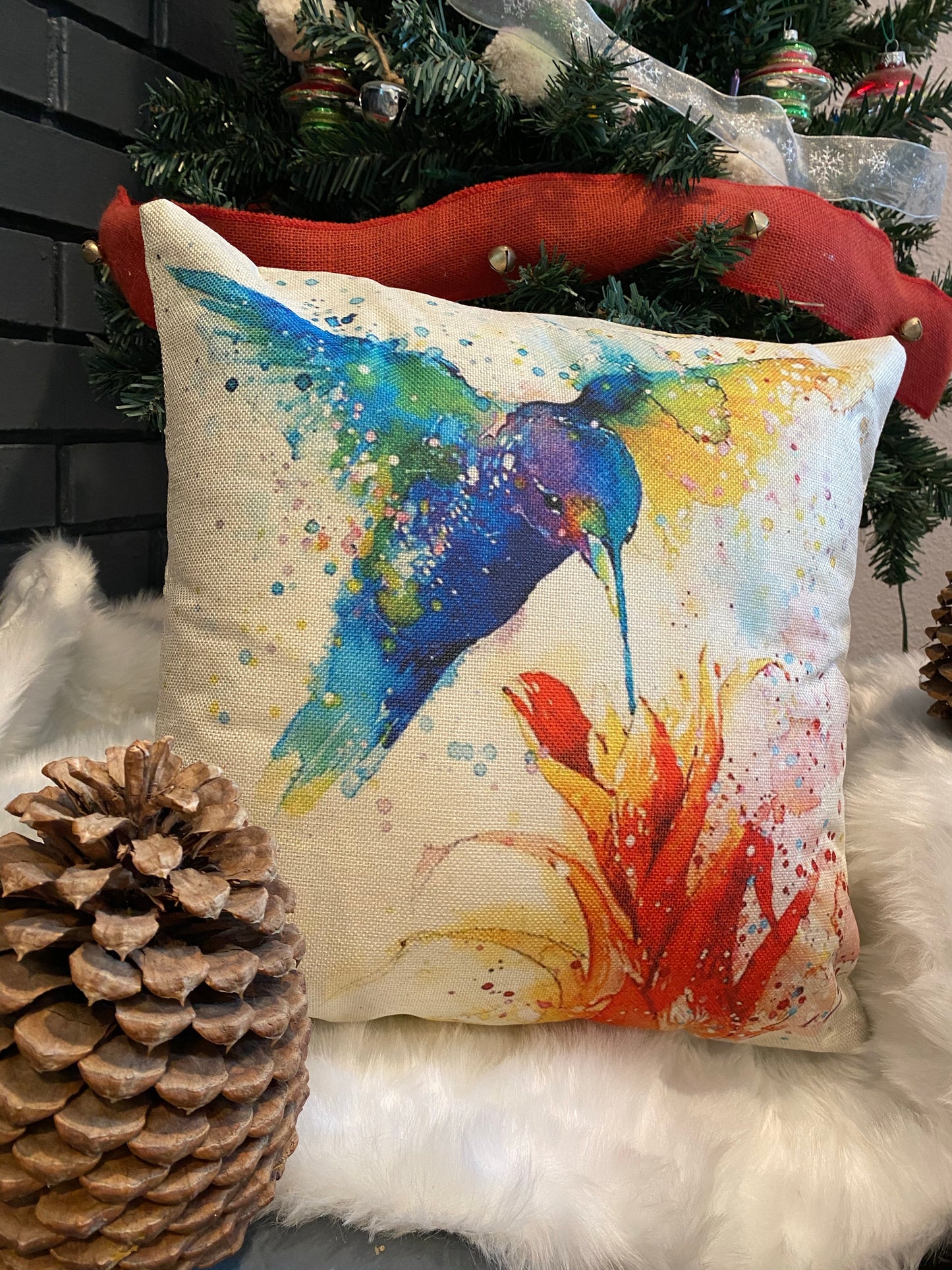Oil Painting Blue Humming Birds With Flowers Throw Pillow Cover