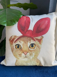 4 - Lovely Yellow Cat With Red Bunny Ear Pillow Case