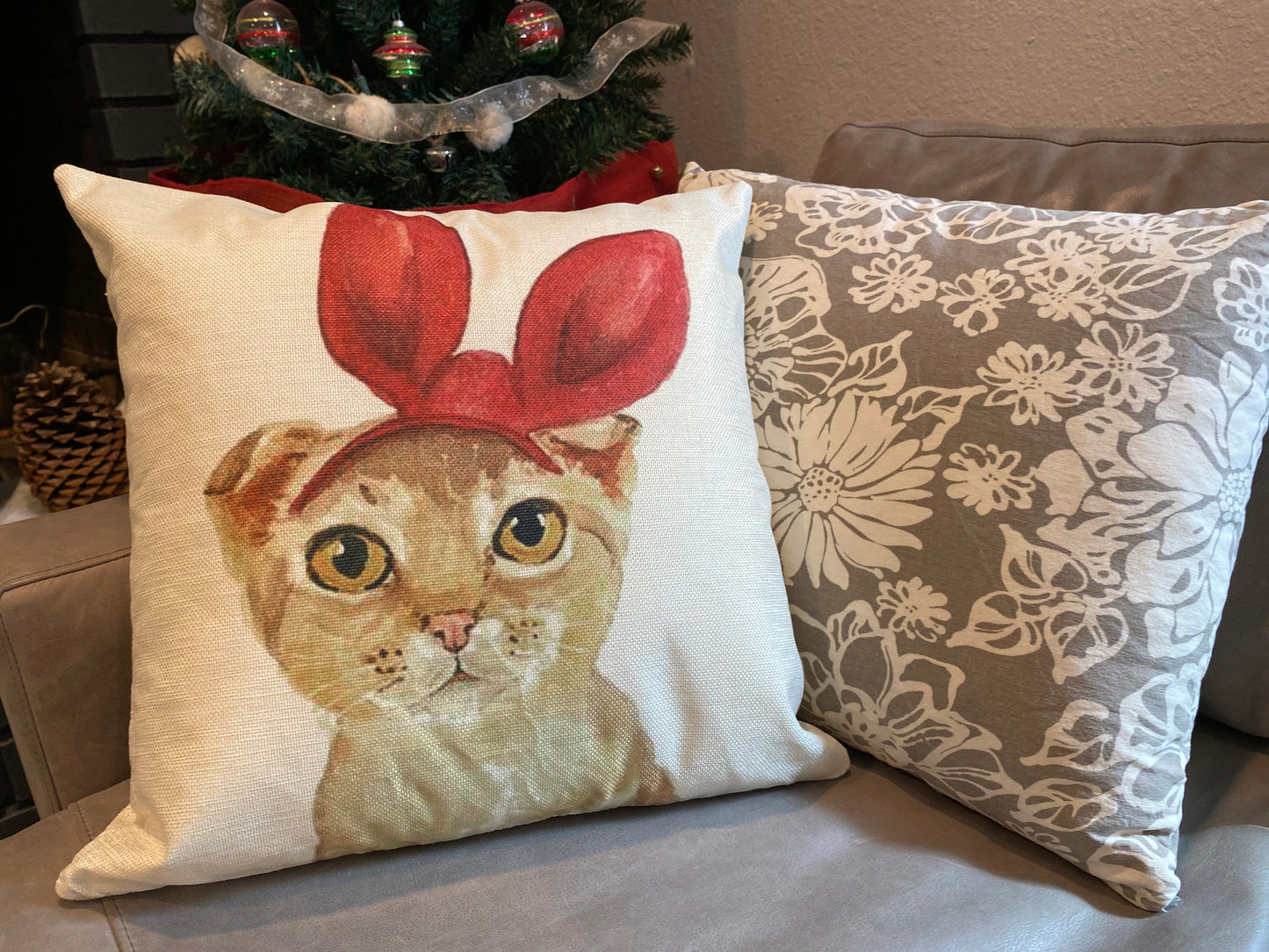 Lovely Orange Cat With Red Bunny Ear Pillow Cover
