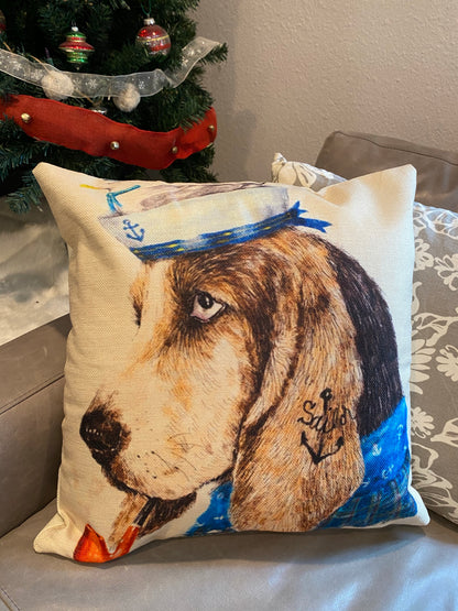 Basset Hound Sailor with Pipe and Blue Shirt Pillowcase | Hush Puppies Pillows
