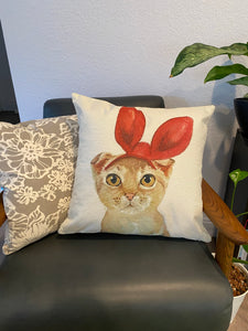 4 - Lovely Yellow Cat With Red Bunny Ear Pillow Case