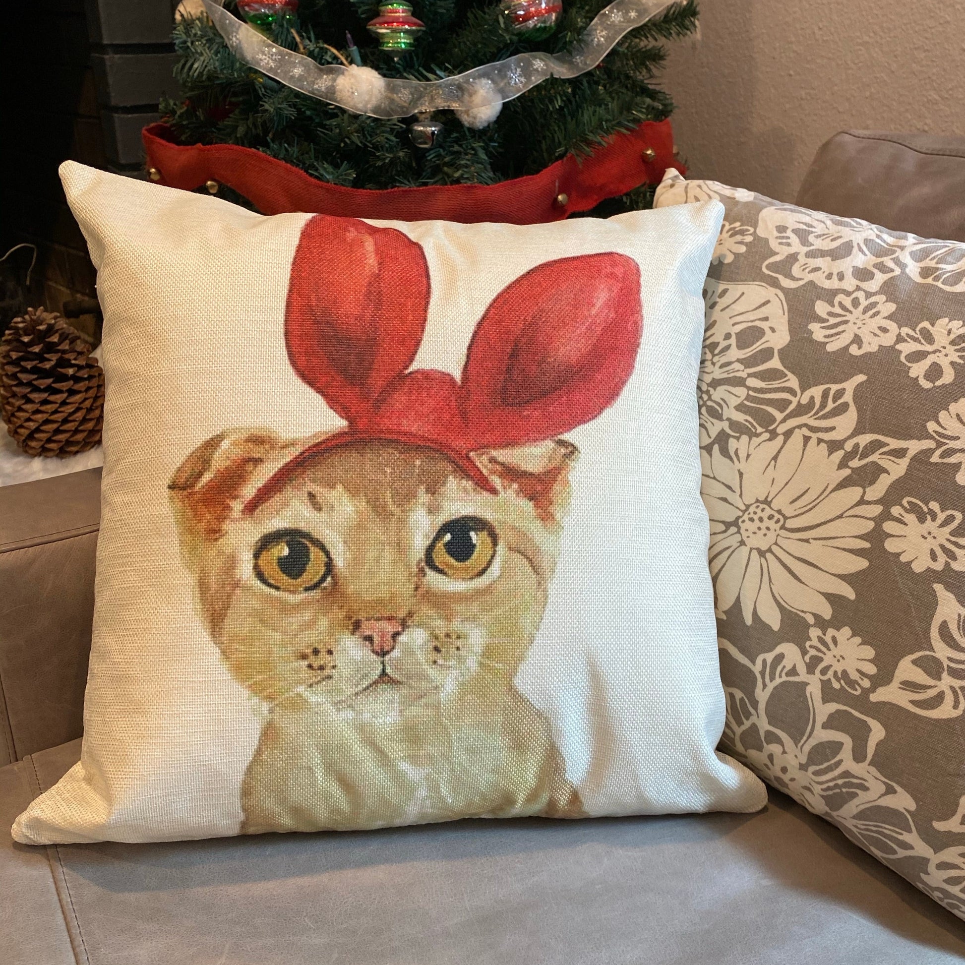 Lovely Yellow Cat With Red Bunny Ear Pillow Cover