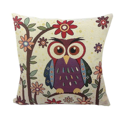 Vintage Graphic Owl With Flowers White Pillow Cover