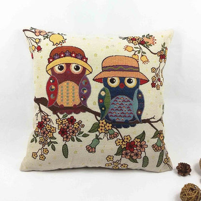 Vintage Graphic Two Owls On Branch With Flowers White Pillow Cover