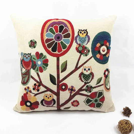 Vintage Graphic Owl With Flowers Pillow Cover
