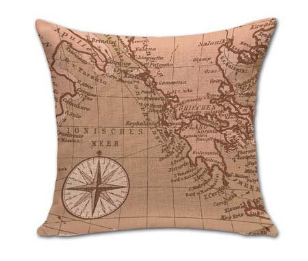 Vintage Yellow World Map With Compass Pillow Cover
