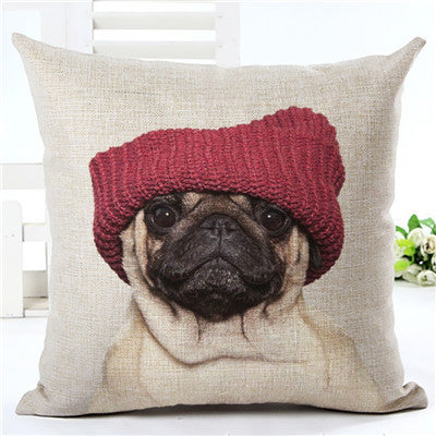 Pug Home Red Hat Decorative Pillow Cover