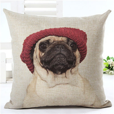 Pug Home Red Hat Decorative Pillow Cover