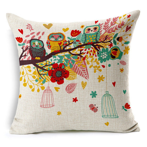 Colorful Bird Owl Cage With Flowers Pillowcase