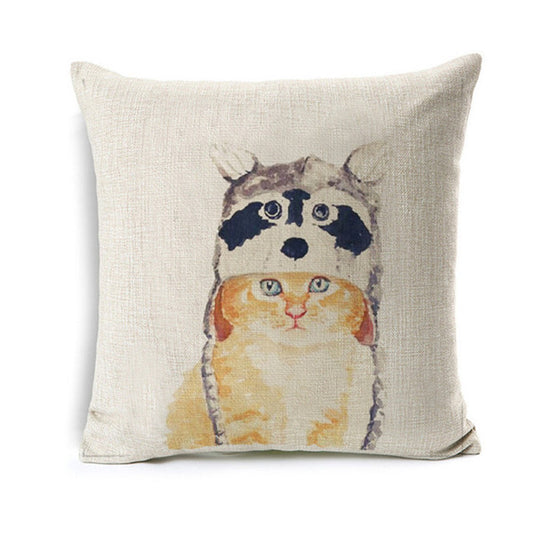 Lovely Yellow Cat With Rakun Hat Pillow Cover